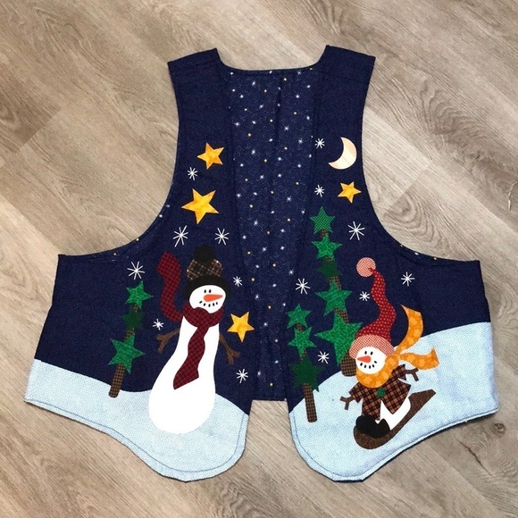 Snowman Star Winter Christmas Vest Blue Teacher Cabin Holiday Kitsch - Picture 1 of 5